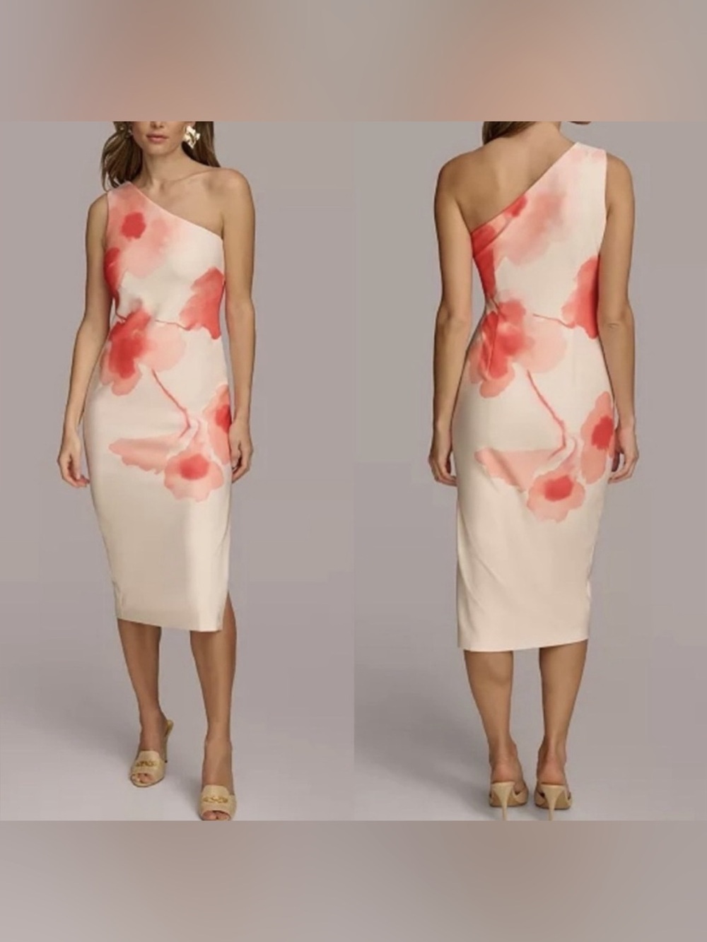 Donna Karan New York Floral One-Shoulder Midi Dress Pink Size 14 NWT